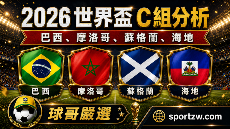 2026世界盃C組分析精選封面圖，巴西摩洛哥蘇格蘭海地四隊盾牌與球哥嚴選