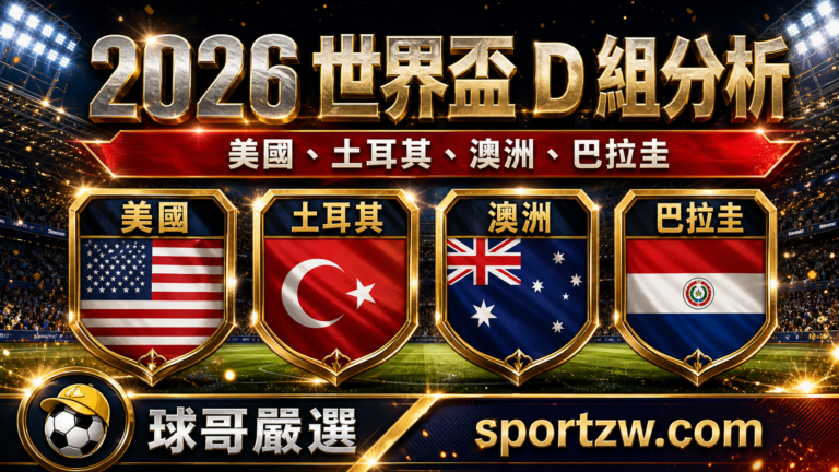 2026 世界盃 D 組分析封面，高級球場戰報風格，美國、土耳其、澳洲、巴拉圭四隊金邊盾牌