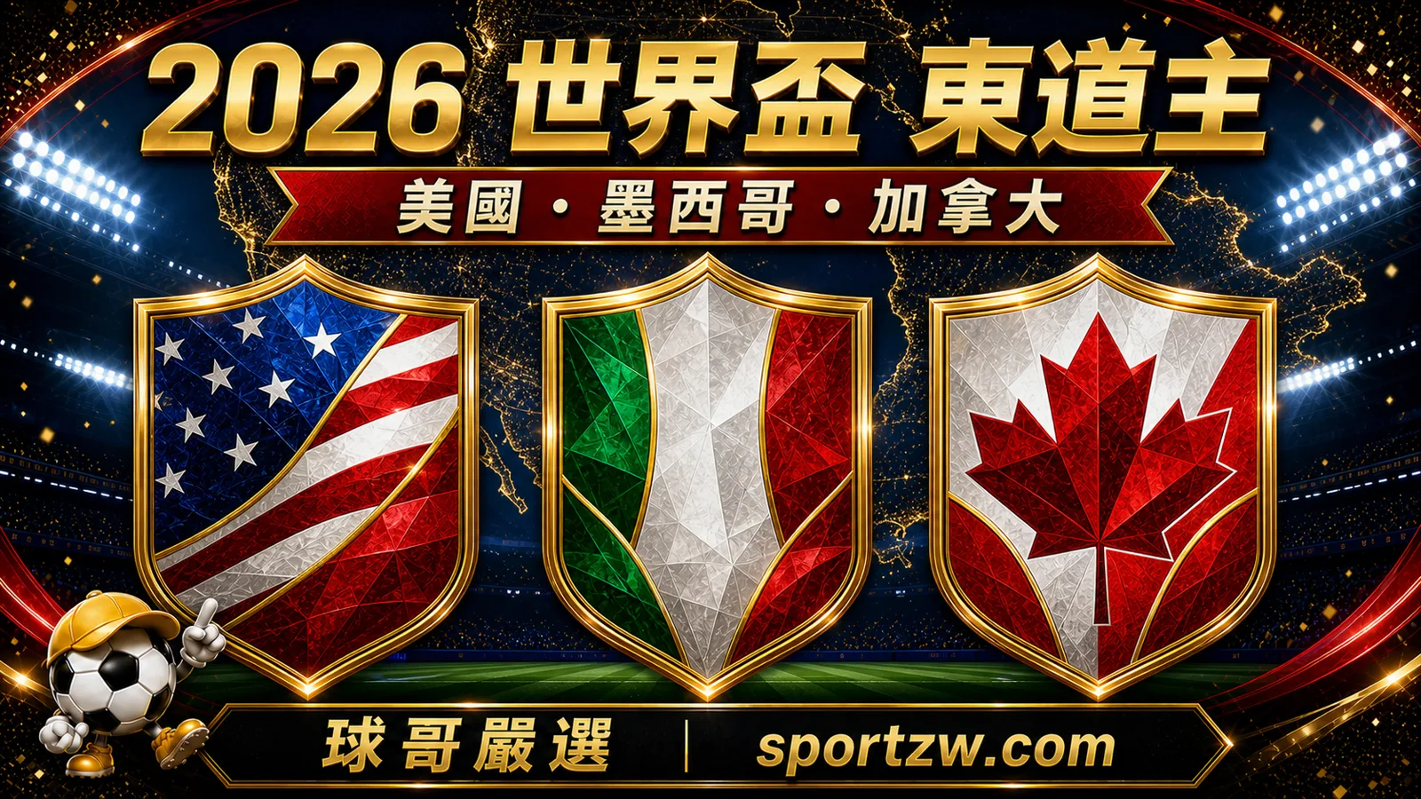 2026世界盃東道主封面圖，美國墨西哥加拿大三國盾牌與球哥嚴選視覺