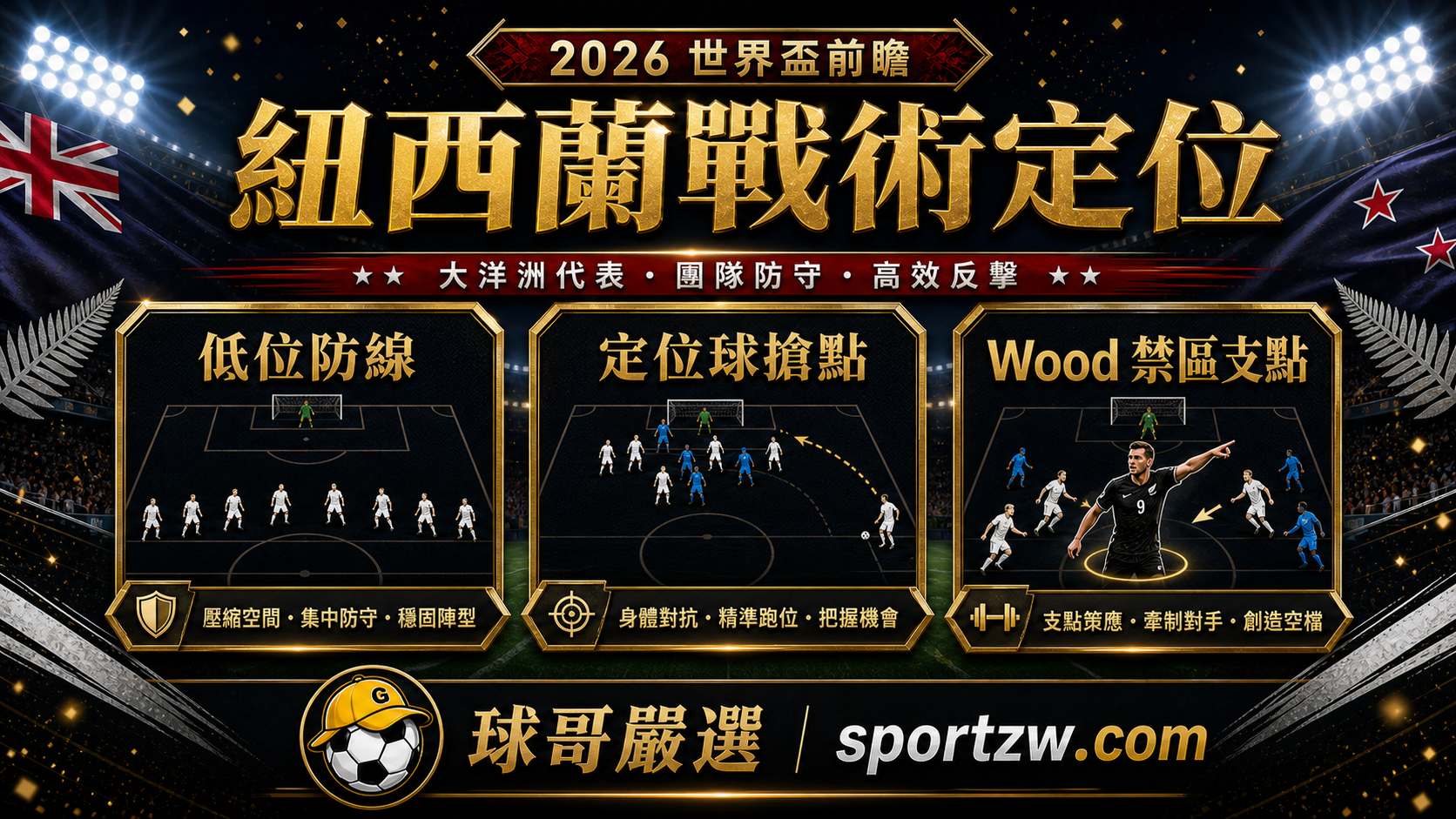 紐西蘭世界盃2026戰術定位圖，低位防線、定位球搶點、Wood 禁區支點