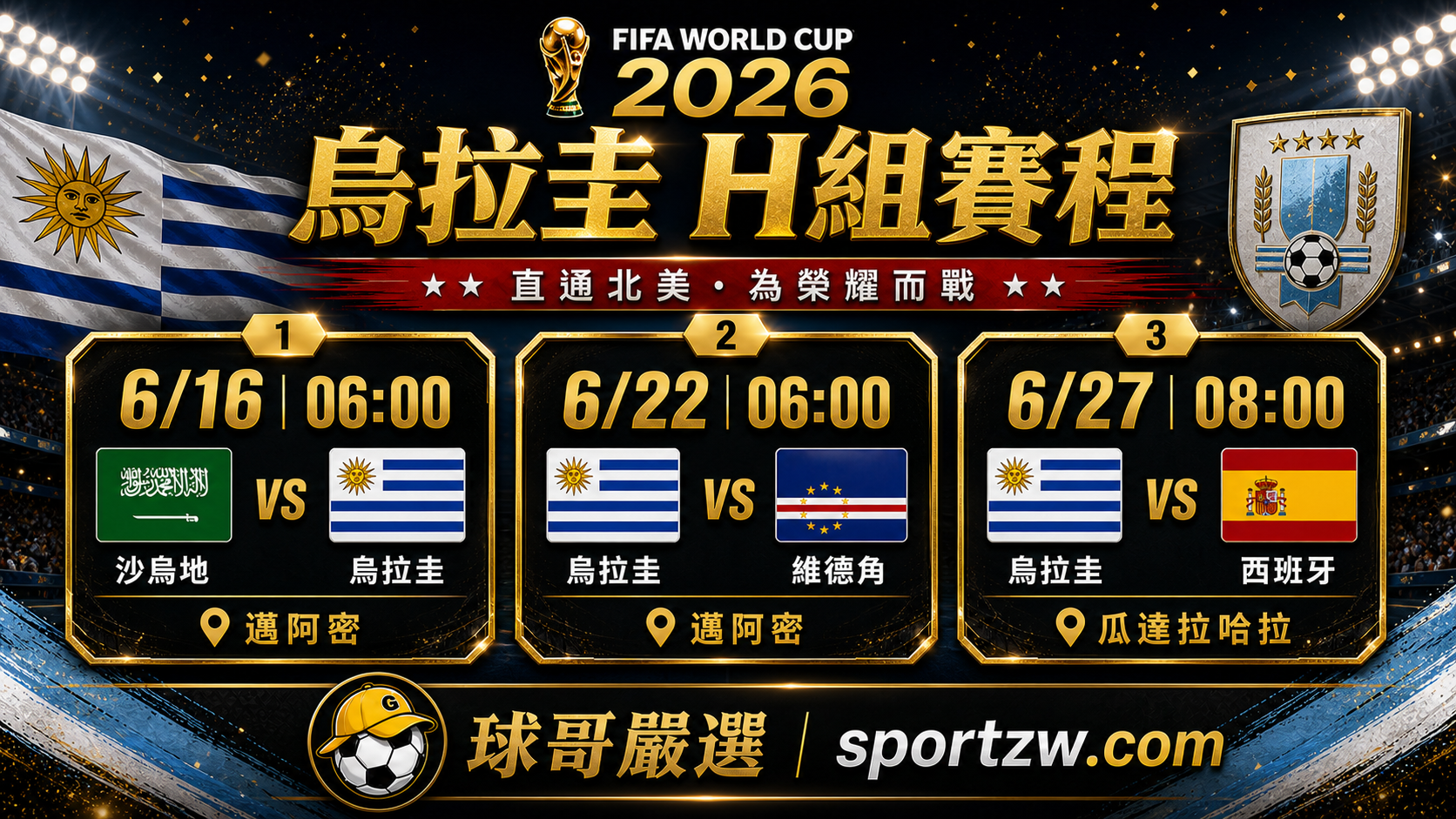 烏拉圭世界盃2026 H 組賽程圖，台灣時間對沙烏地阿拉伯維德角西班牙與比賽球場