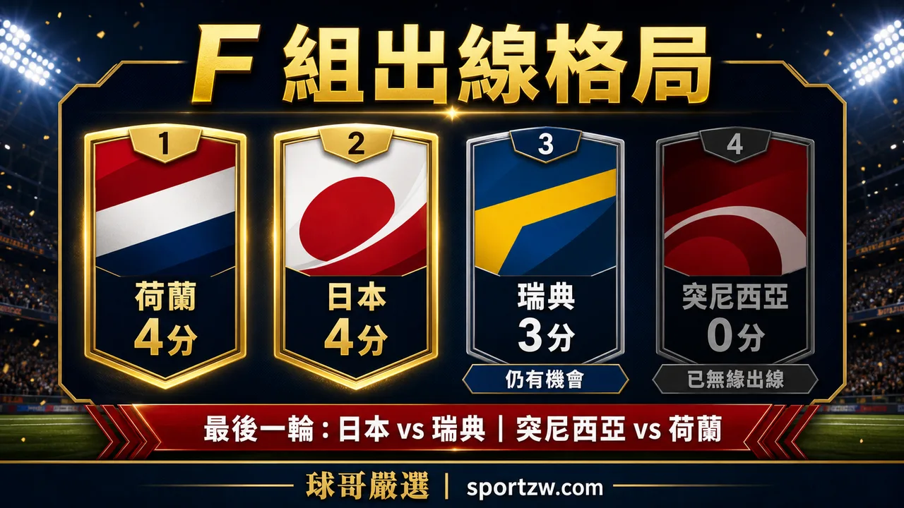 2026 世界盃 F 組積分，日本與荷蘭同為 4 分，瑞典 3 分，突尼西亞 0 分