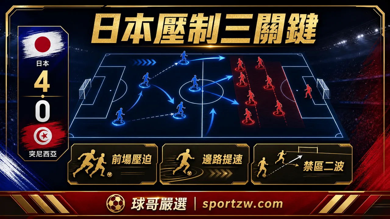 日本 4-0 突尼西亞戰術圖，日本用前場壓迫與邊路速度打穿突尼西亞