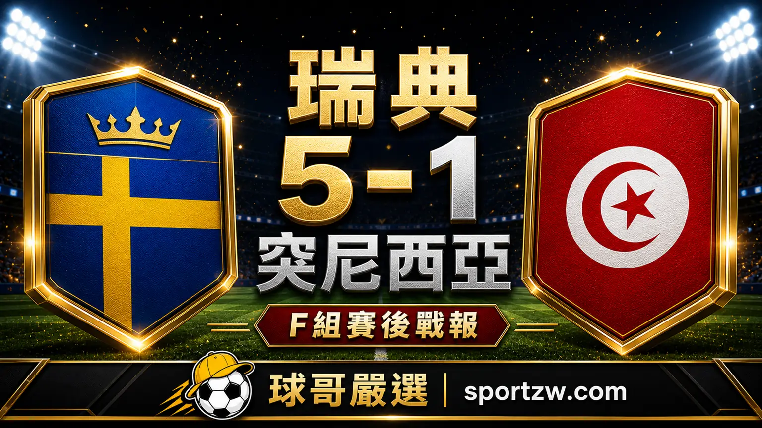 瑞典 5-1 突尼西亞 2026 世界盃 F 組賽後戰報封面圖