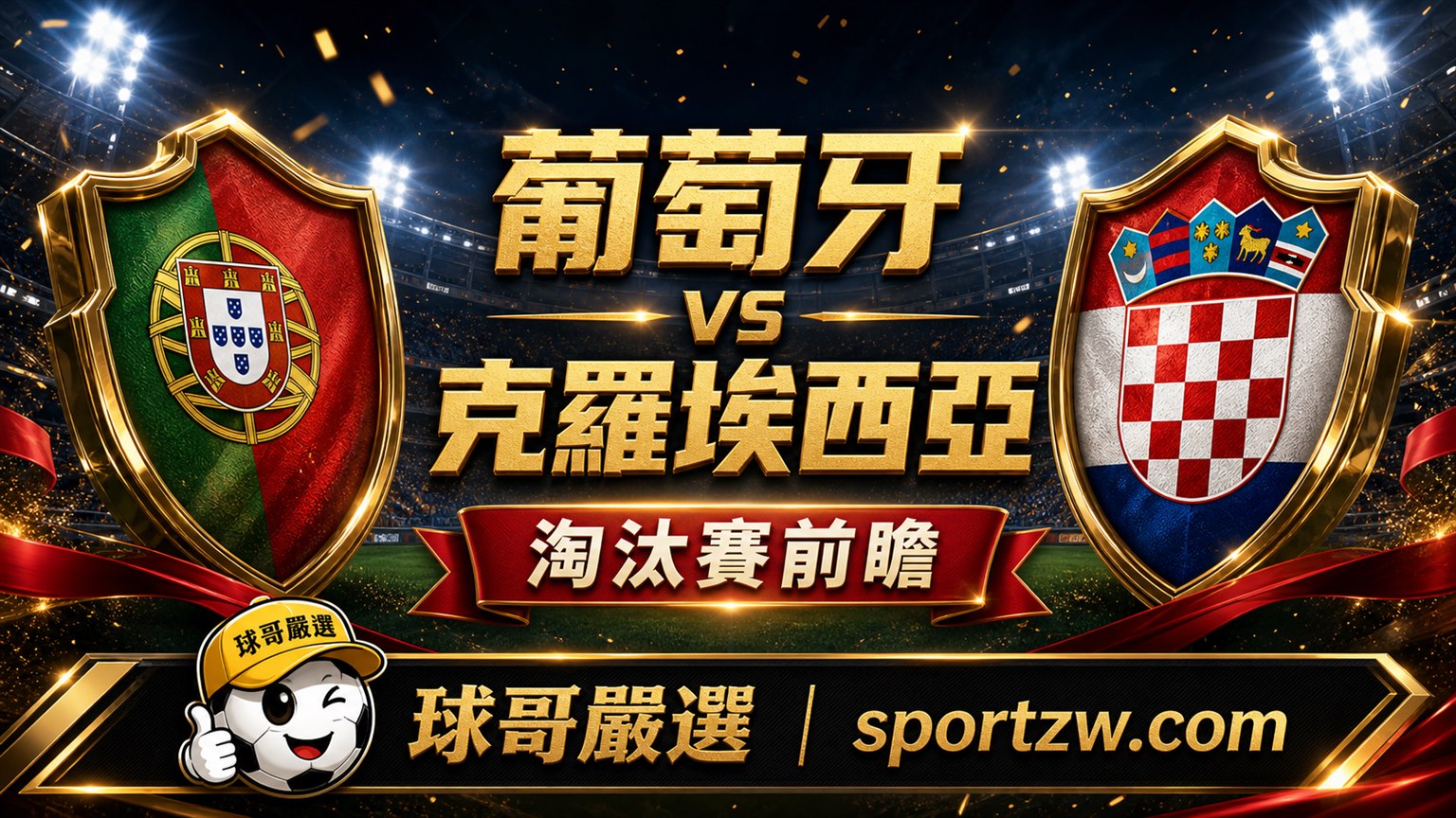 葡萄牙 vs 克羅埃西亞 2026世界盃淘汰賽前瞻,球哥嚴選 sportzw.com 高級球場戰報風格封面