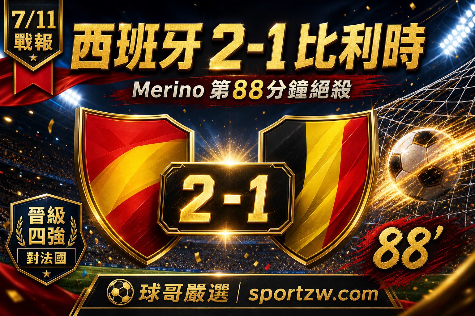 7月11日世界盃8強賽果西班牙2比1比利時Merino第88分鐘絕殺